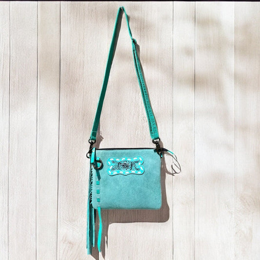 Turquoise suede & tooled fringe Crossbody Bag