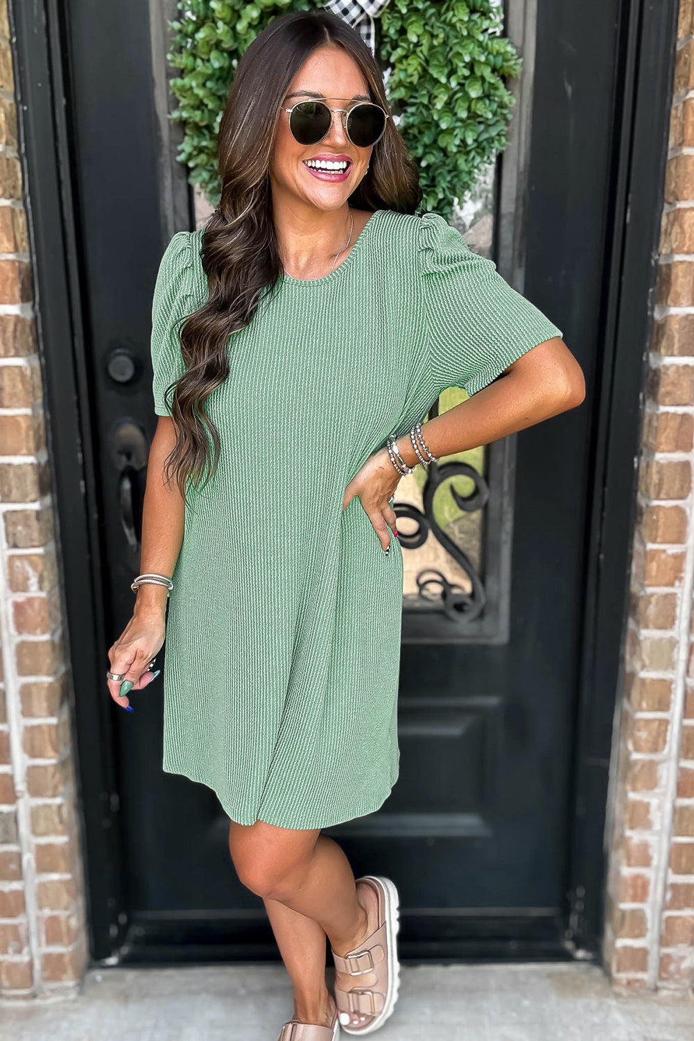 Blossom Corded Crew Neck Puff Sleeve Mini Dress