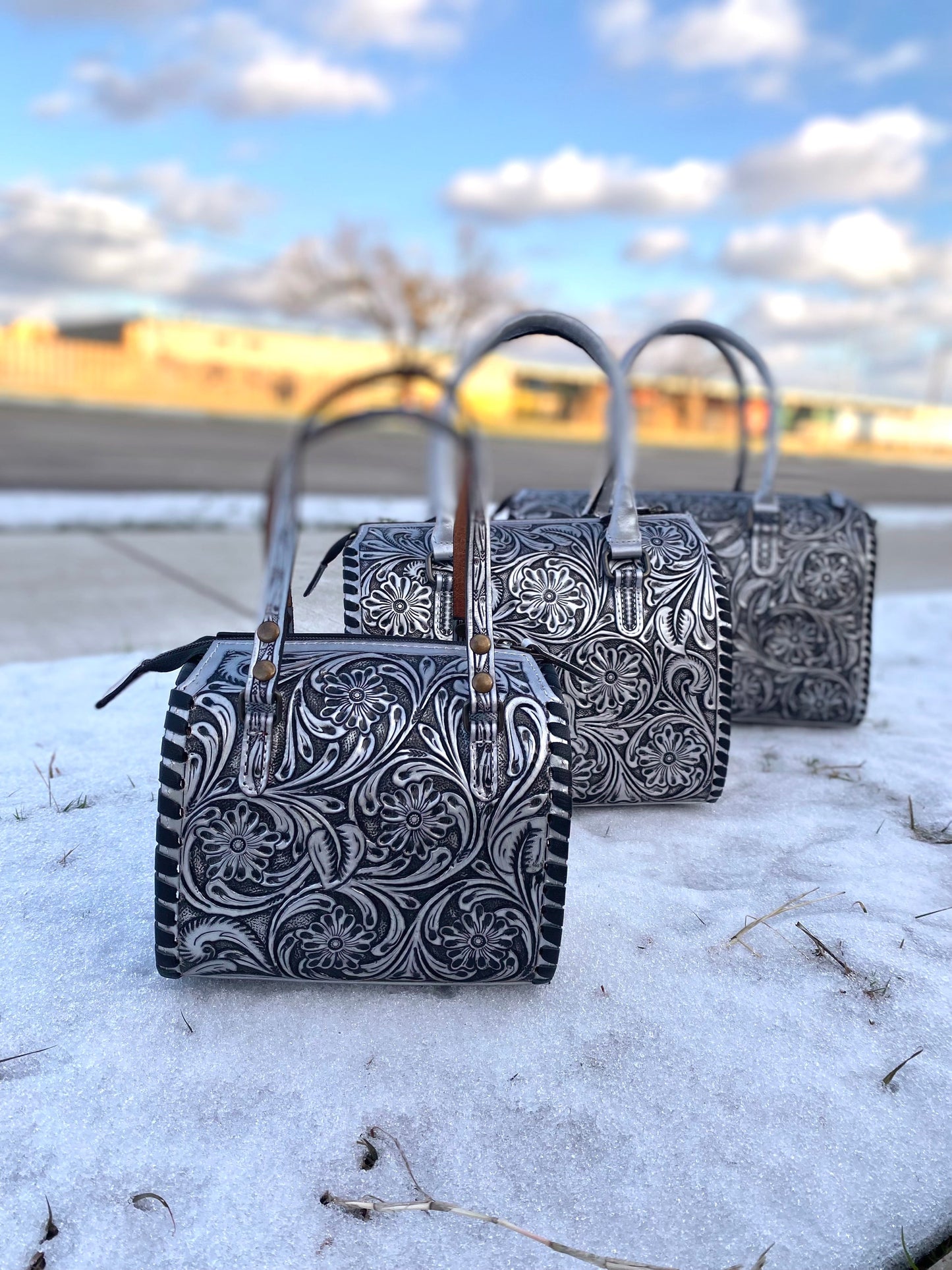 Large Silver Floral Tooled Leather Speedy Duffle Bag