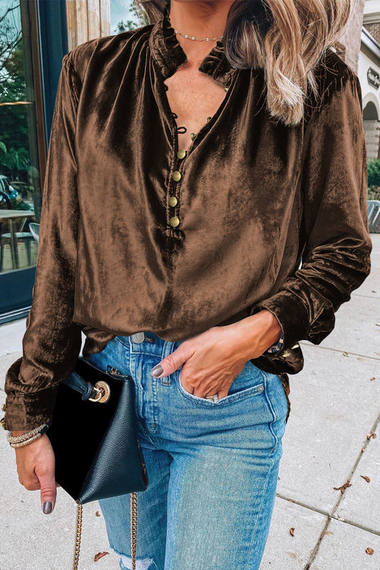 Solid Velvet Button Front Top