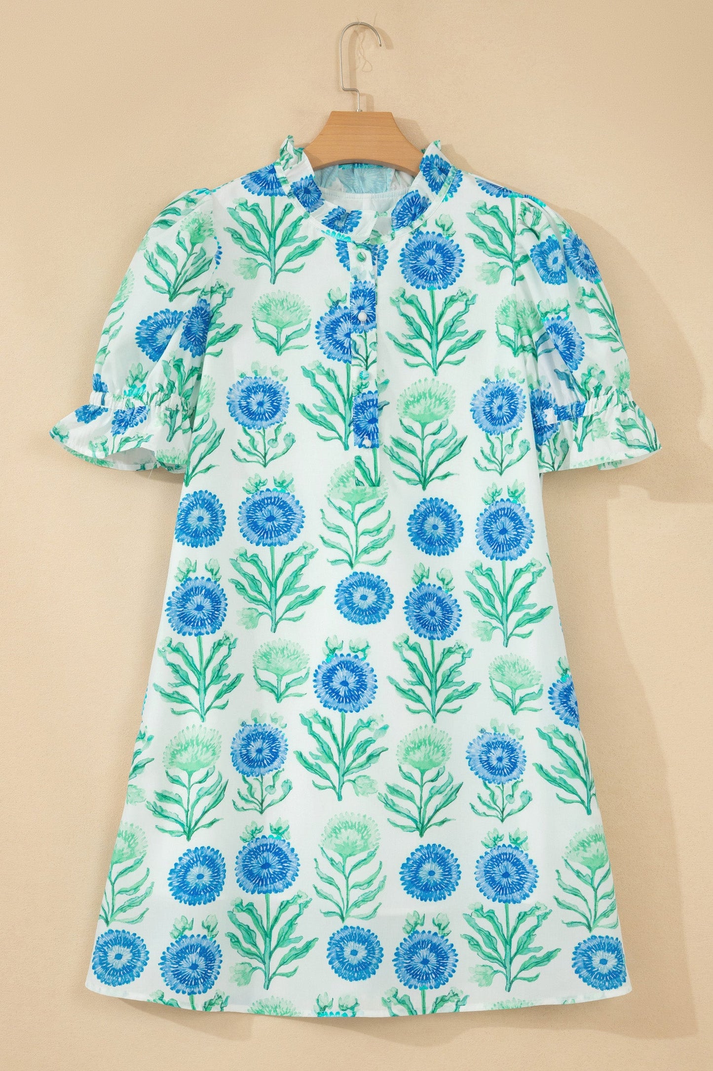 Floral Half Button Frilly Short Sleeve Dress