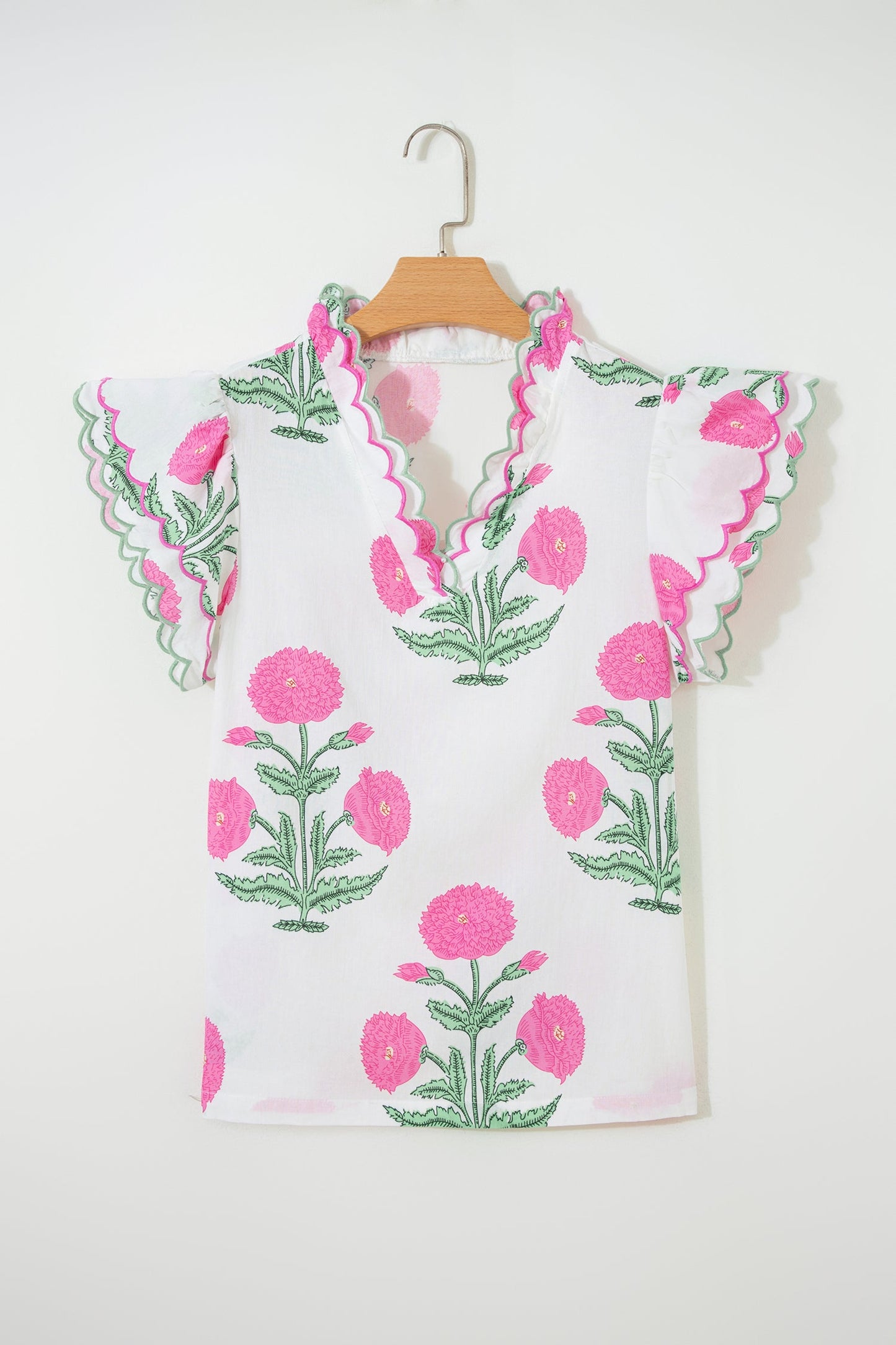 Flower Scallop Contrast Trim Short Sleeve Blouse