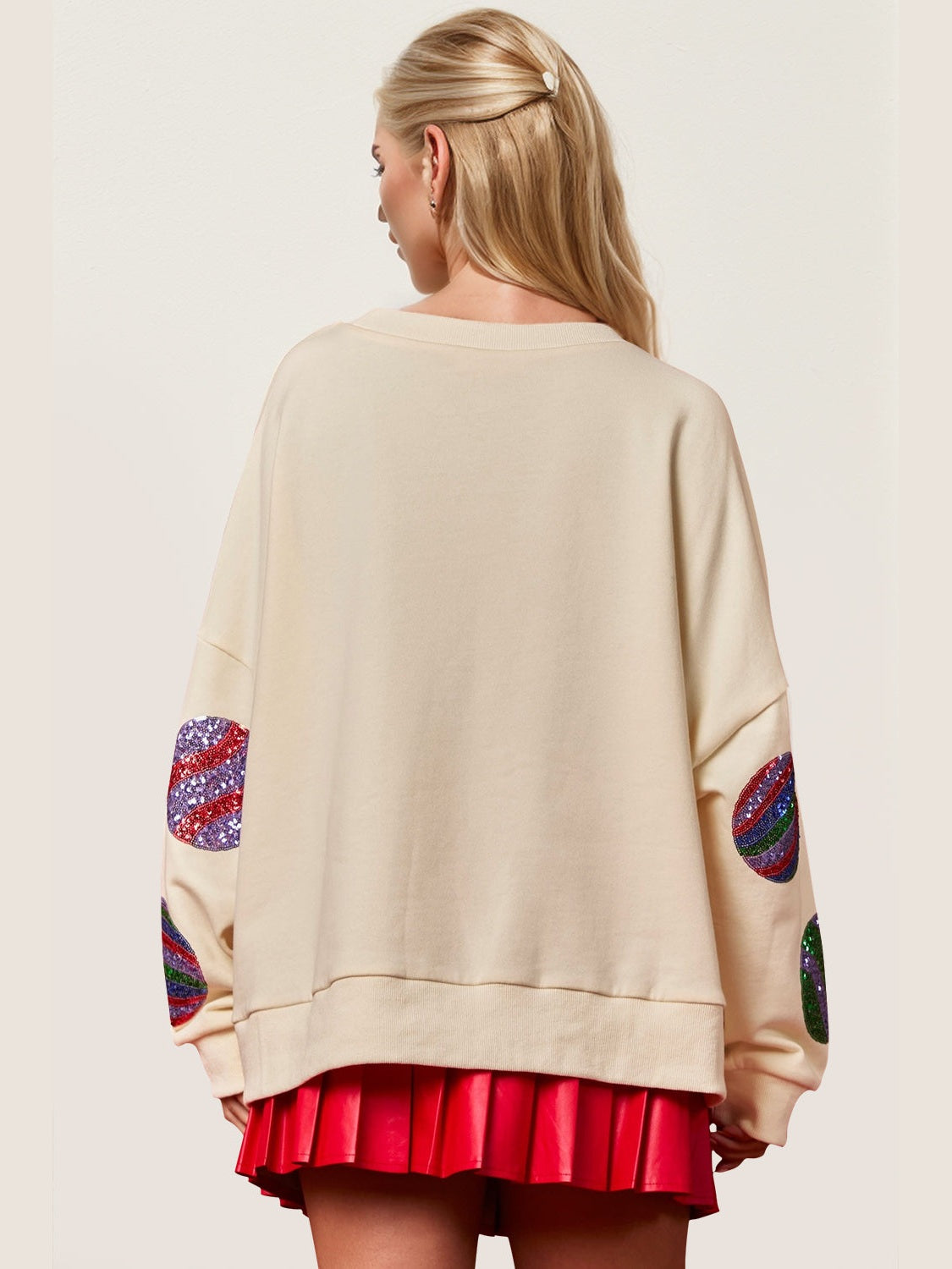 Double Take Christmas Element Sequin Round Neck Long Sleeve Sweatshirt