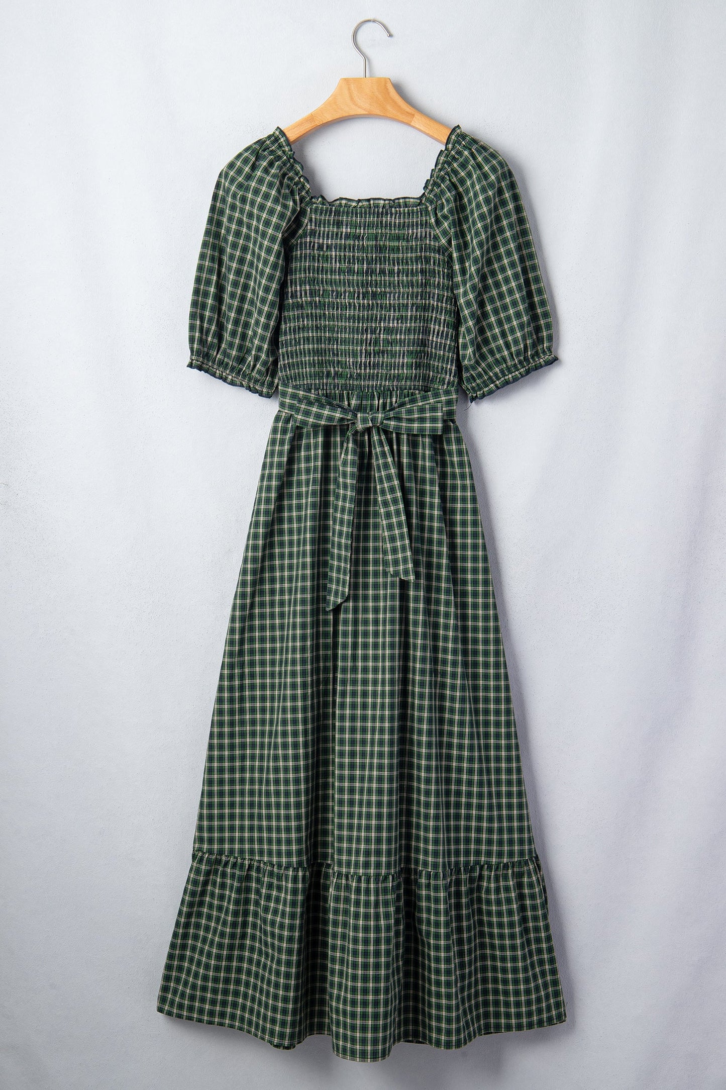 Plaid Shirred High Waist Square Neck Ruffle Hem Dress