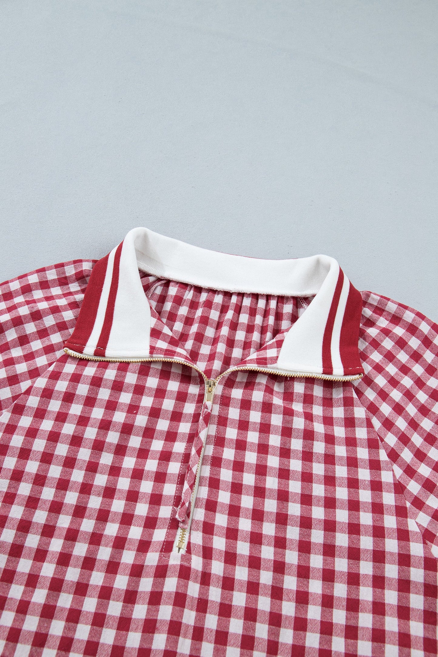 Gingham Stripe Patchwork Half Zip Collared Blouse