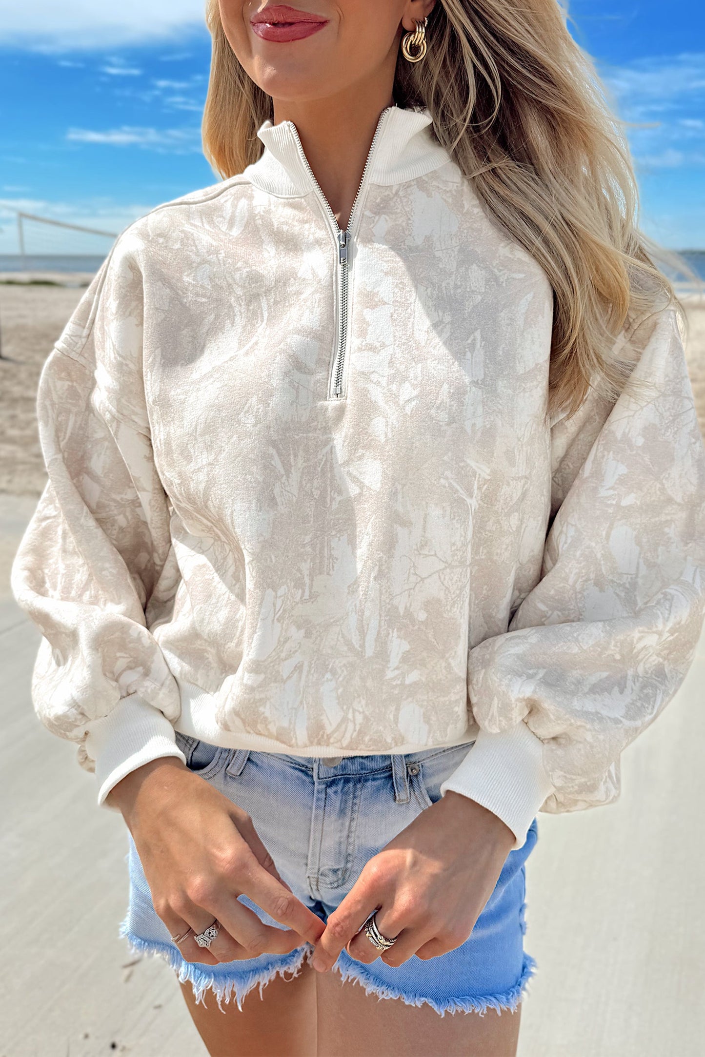 Camo Quarter-Zip Drop Shoulder Long Sleeve Sweatshirt