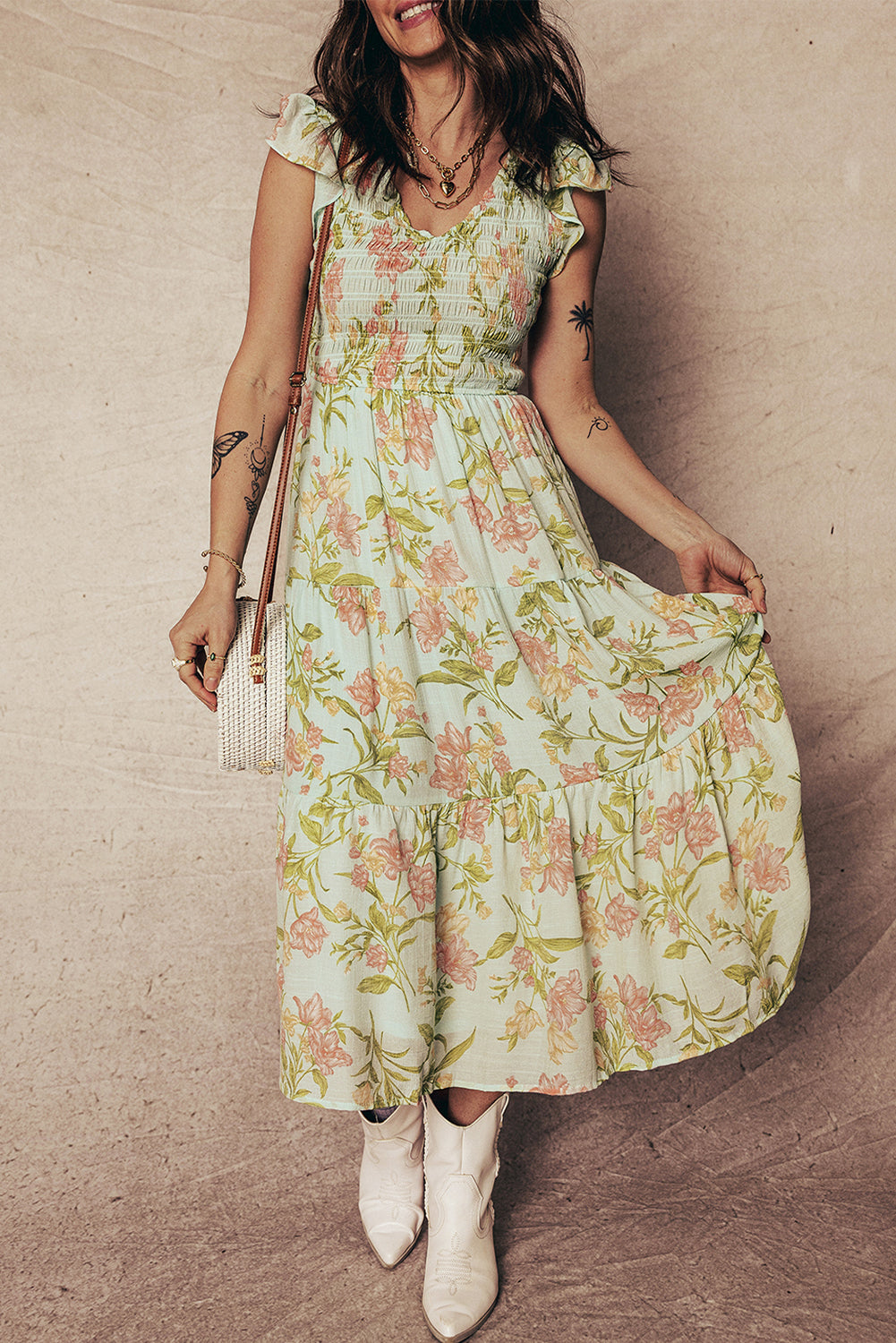 Floral Smocked V-Neck Ruffle Tiered Maxi Dress