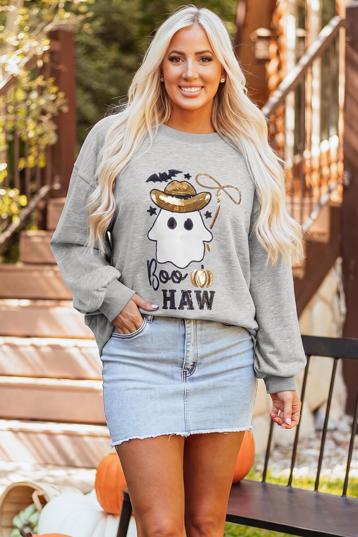 Halloween Western Ghost Sequin Graphic Long Sleeve Sweatshirt