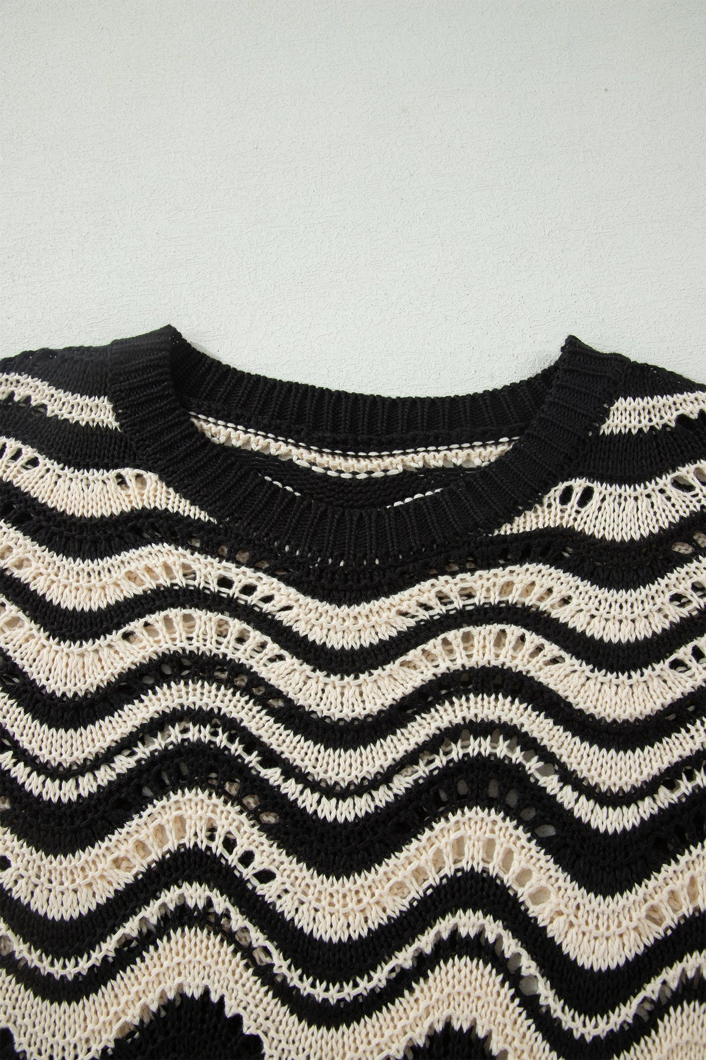 Wavy Stripe Ruffle 3/4 Sleeve Crochet Sweater