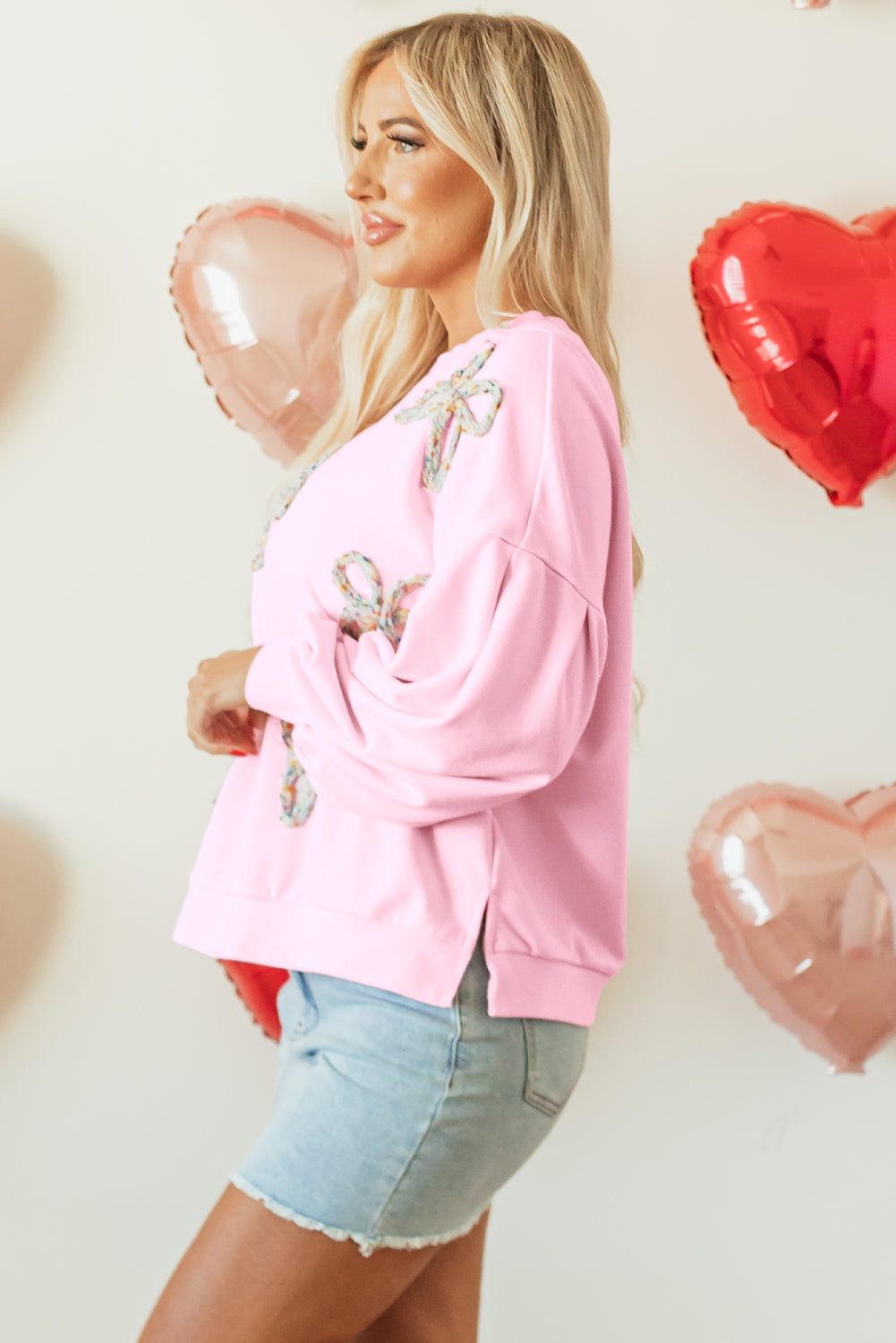 Bow Embroidered Lantern Sleeve Sweatshirt