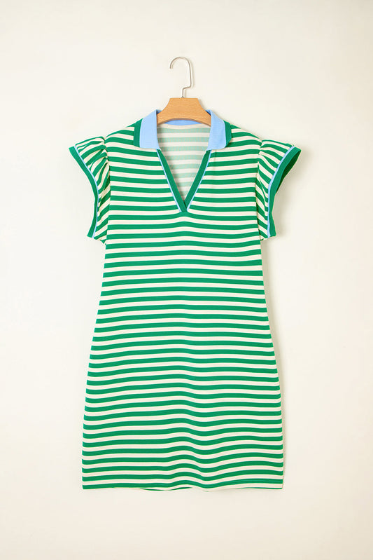 Stripe Flutter Sleeve Contrast Collar Mini Dress