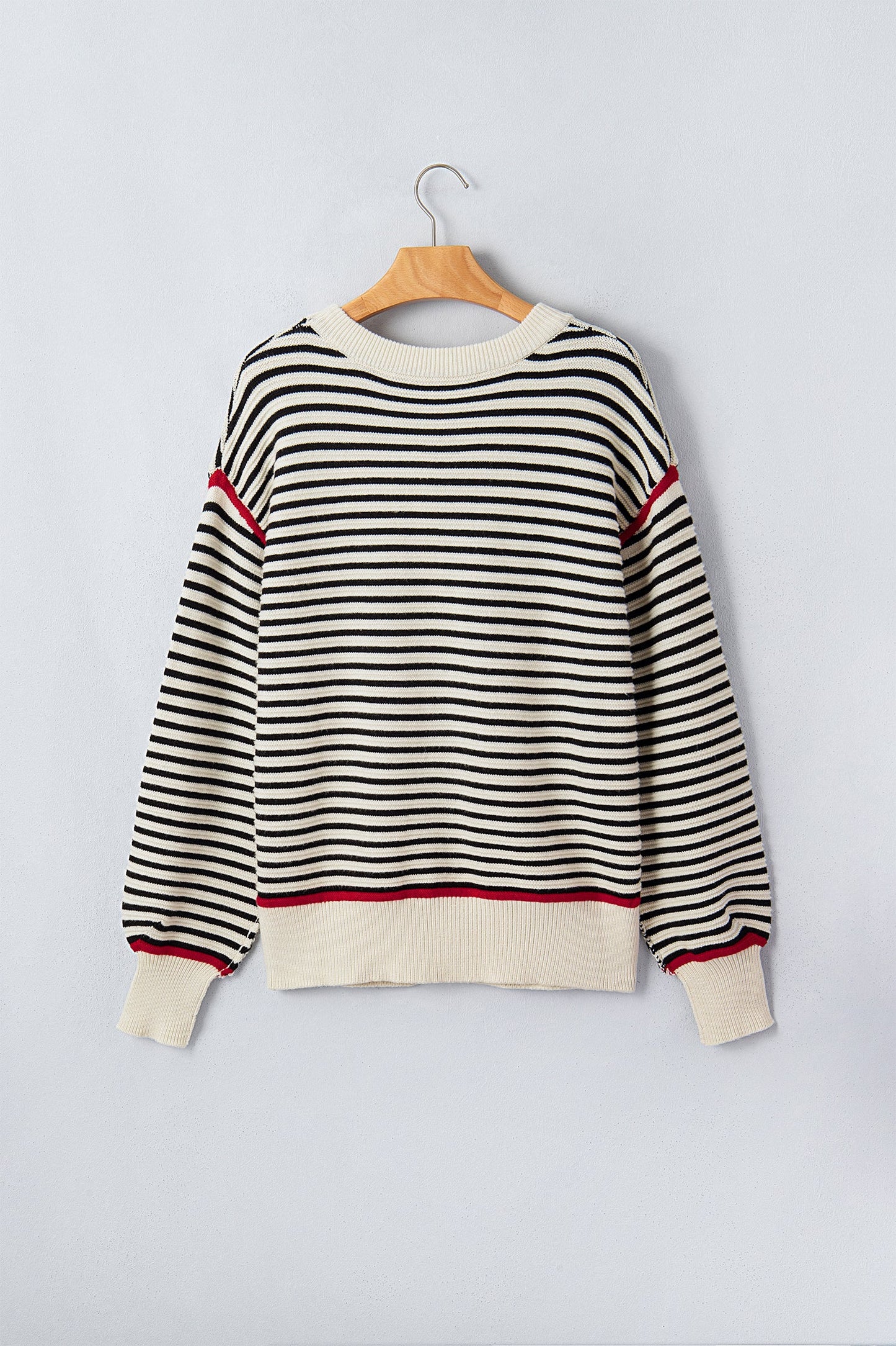 Stripe Ribbed Trim Reverse Seam Drop Shoulder Sweater