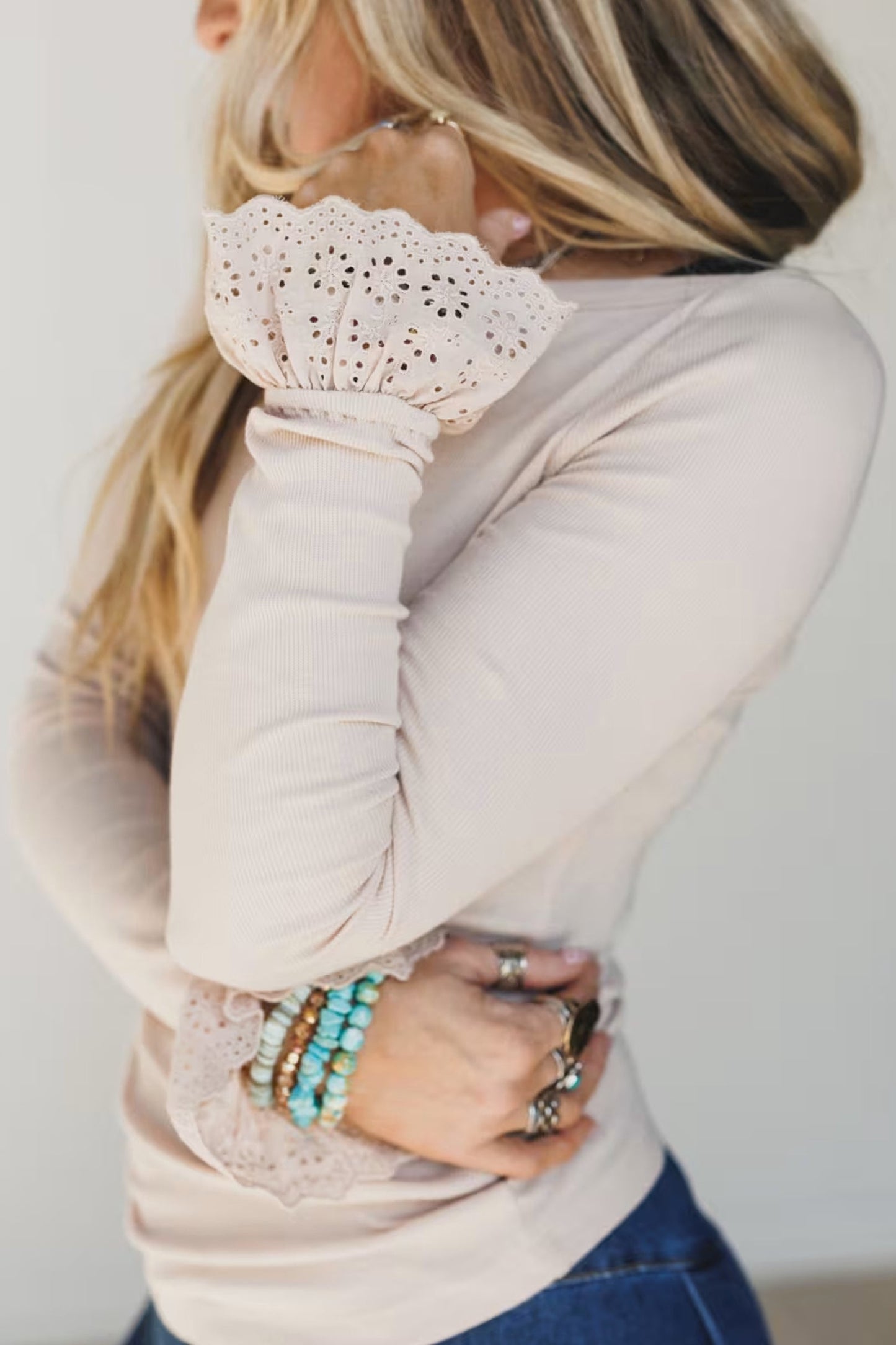 Lace Cuff Patchwork Round Neck Long Sleeve Top