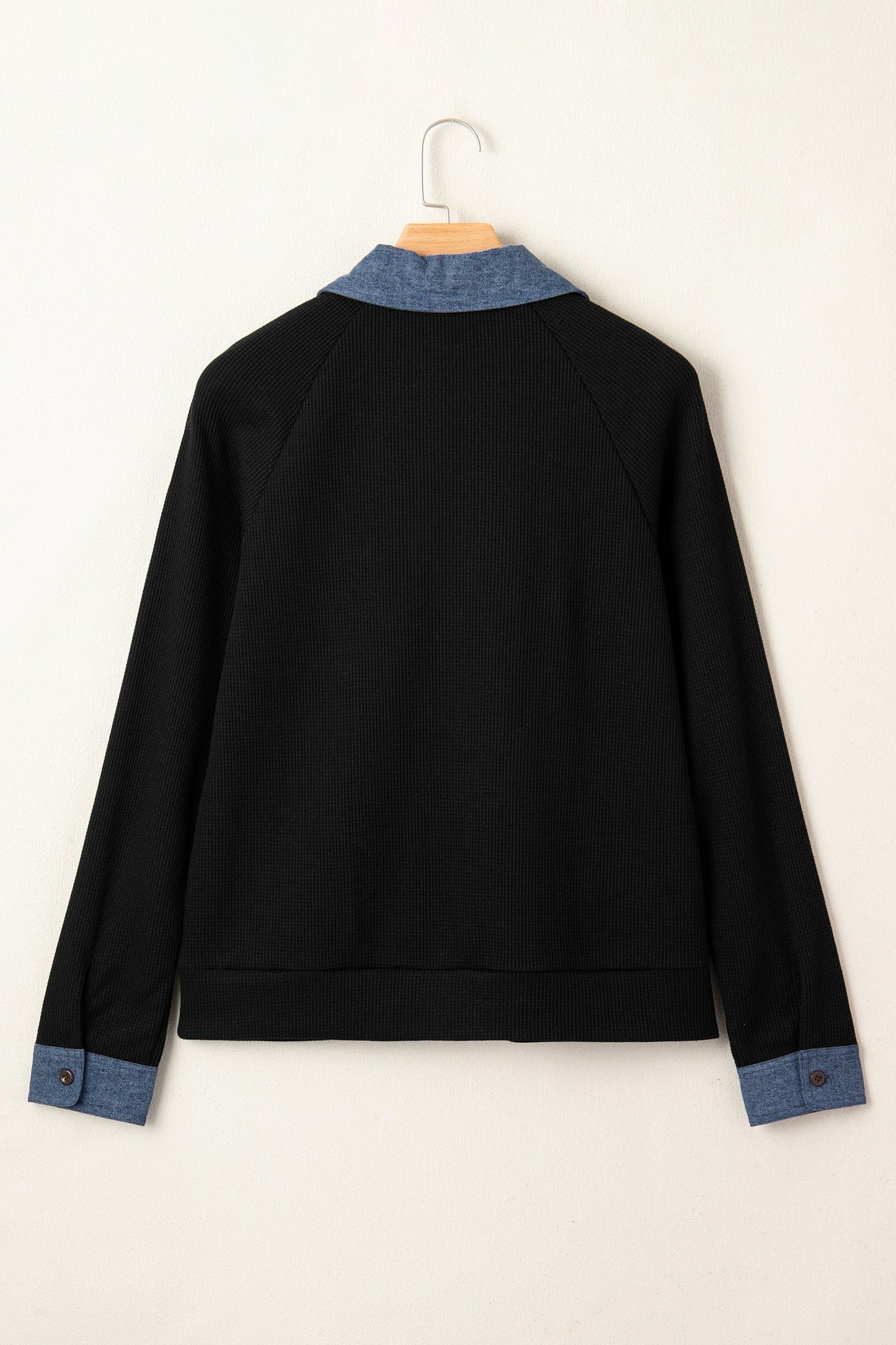 Denim Patchwork Textured Knit Polo Collar Top