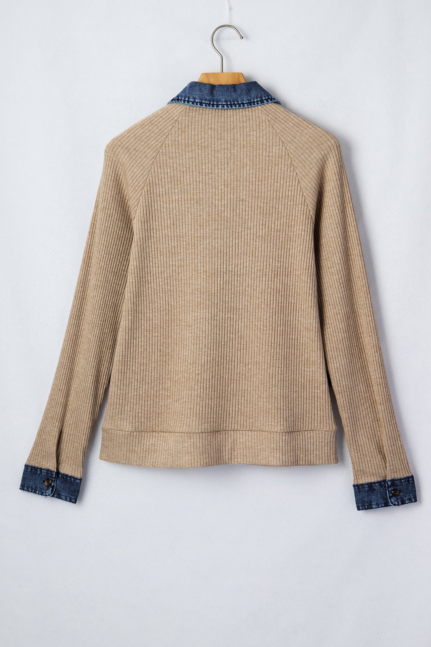 Denim Patchwork Ribbed Knit Polo Collar Top