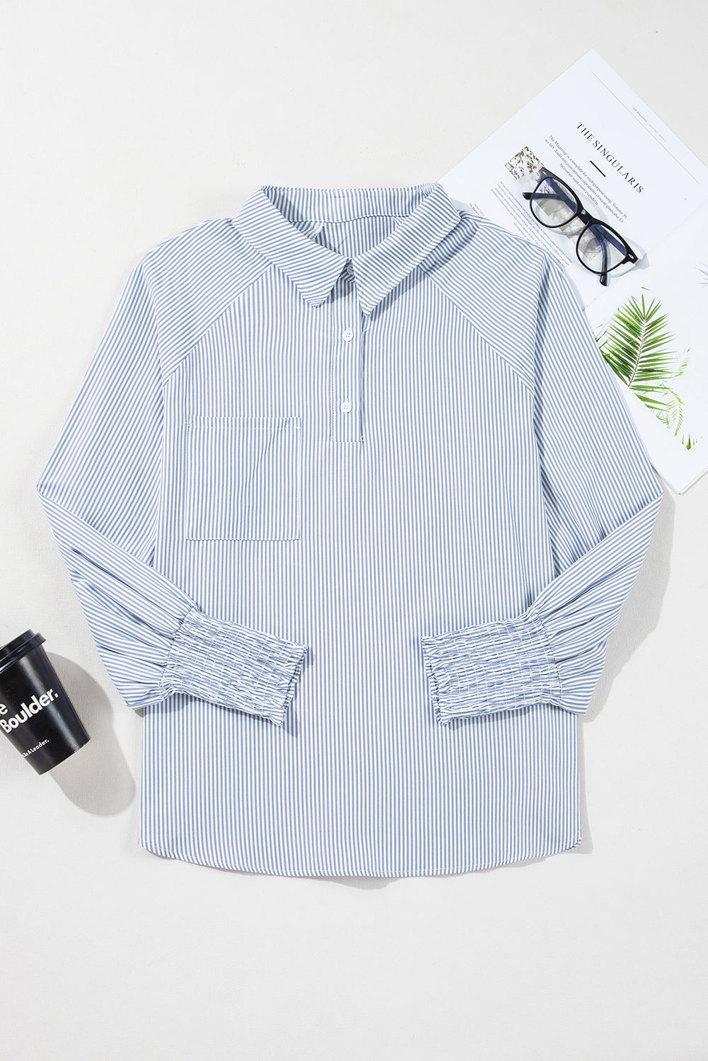 Stripe Buttoned Collar Smocked Long Sleeve Blouse