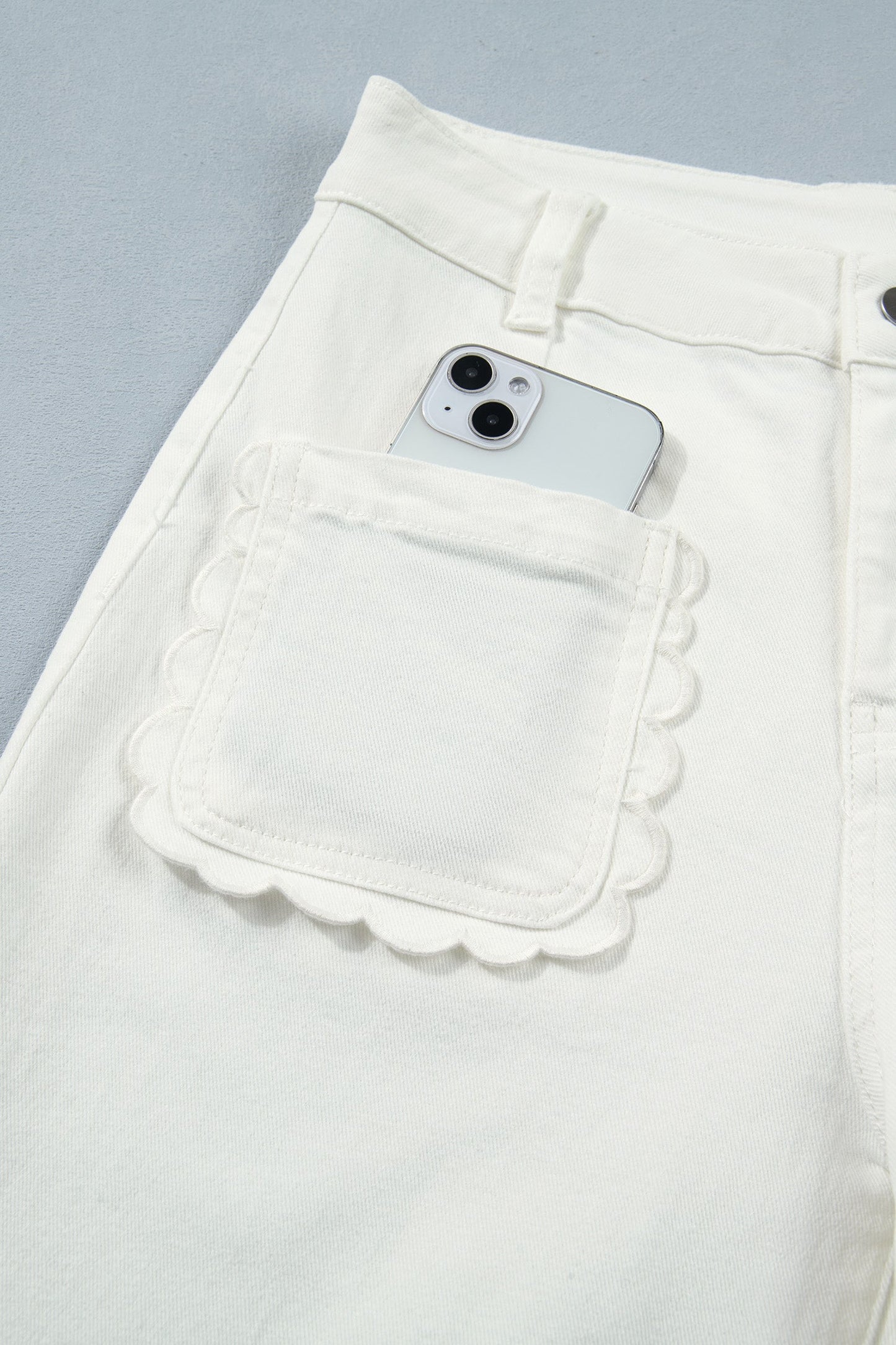 Solid Denim Scalloped Patch Pocket Shift Jeans