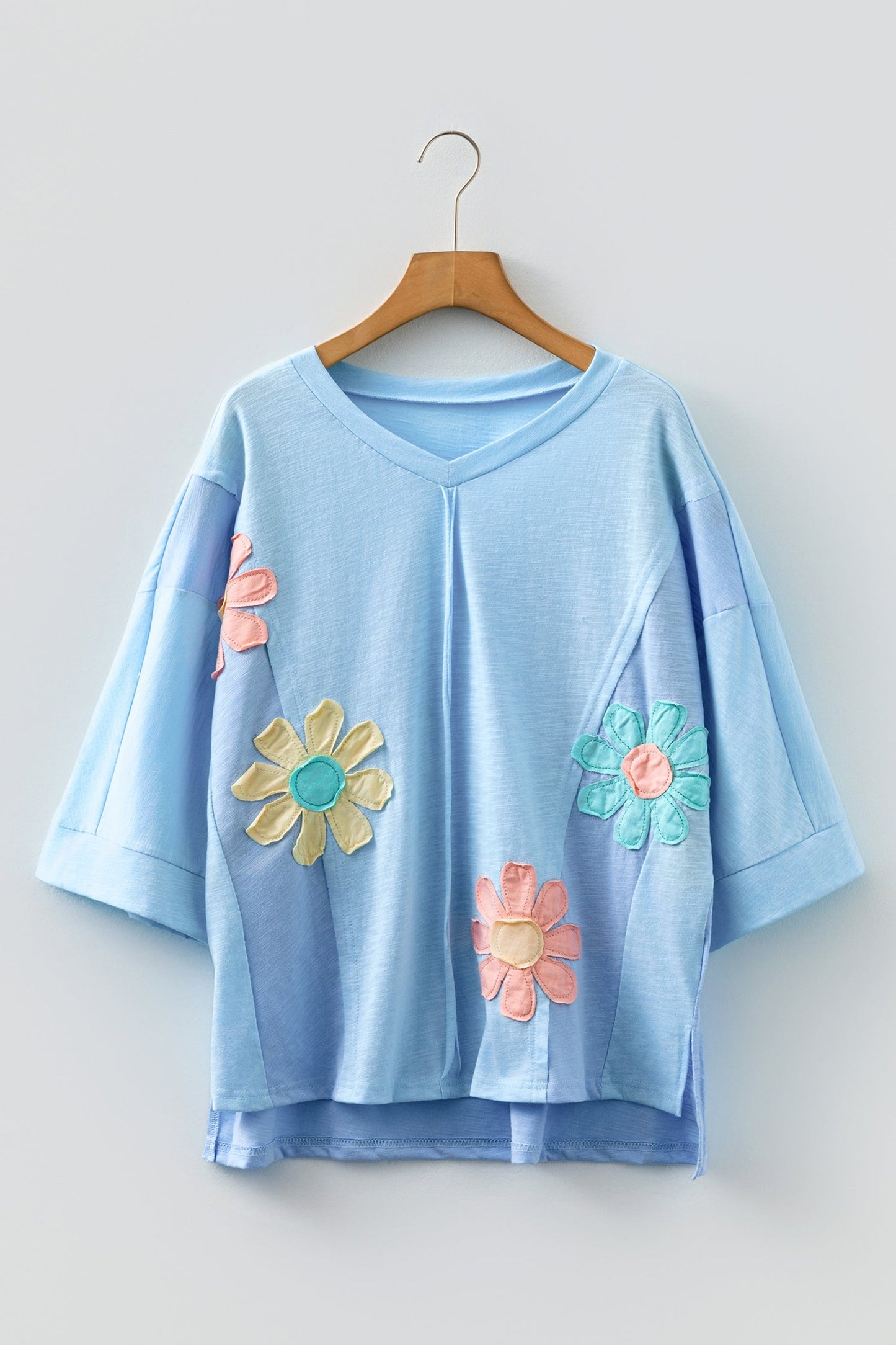 Flower Patch Exposed Seam 3/4 Sleeve T-Shirt