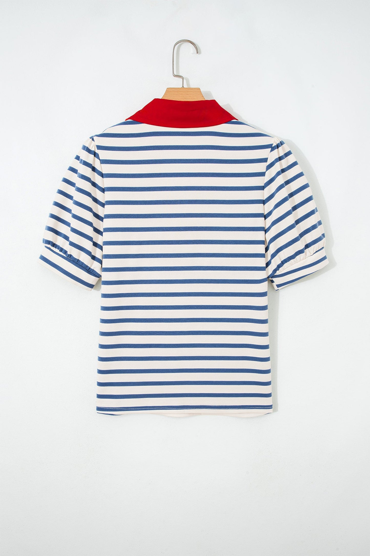 Stripe Colorblock Puff Sleeve Polo Collar Blouse