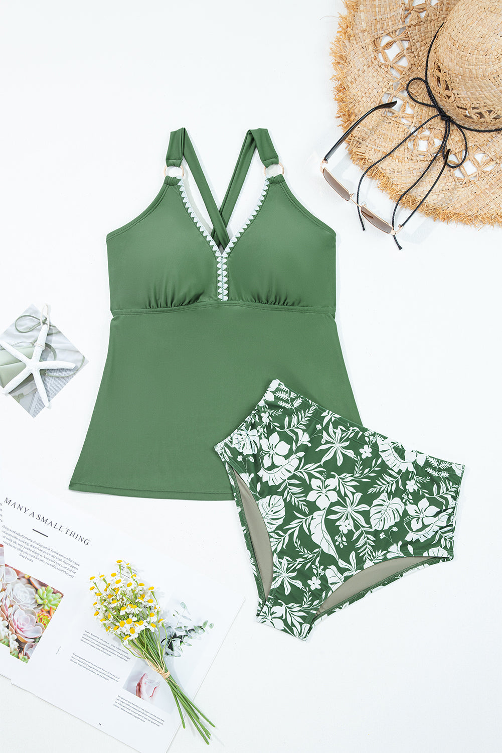 Floral Colorblock O-Ring Tankini Swim Set