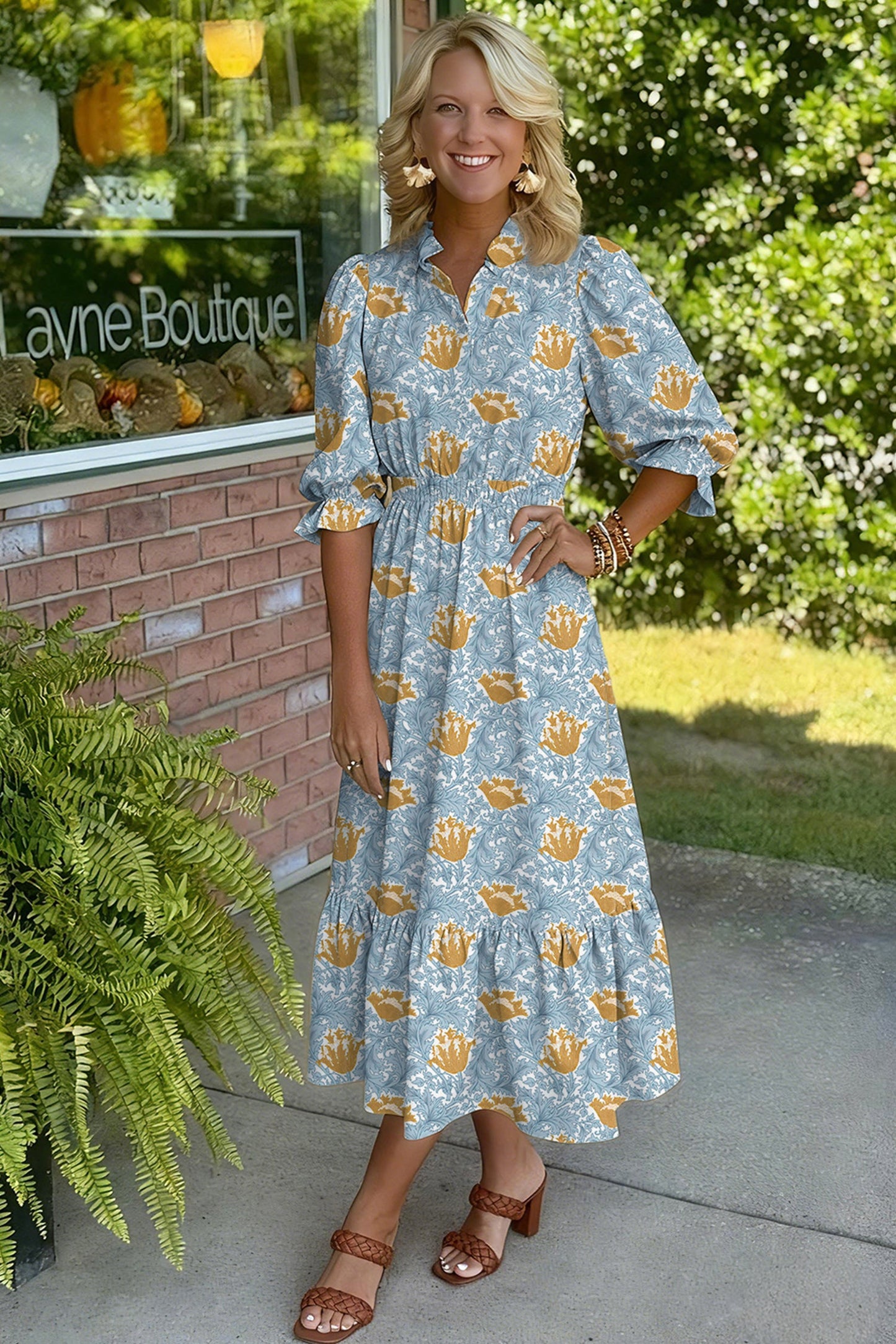 Floral Frilled V-Neck 3/4 Sleeve Midi Dress