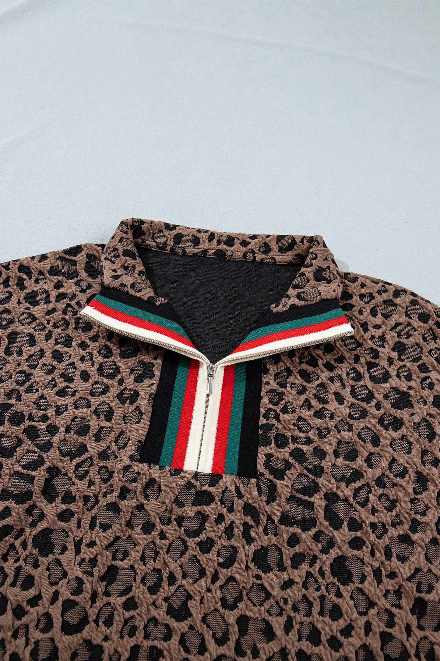 Leopard Stripe Patchwork Half Zip Collared Blouse