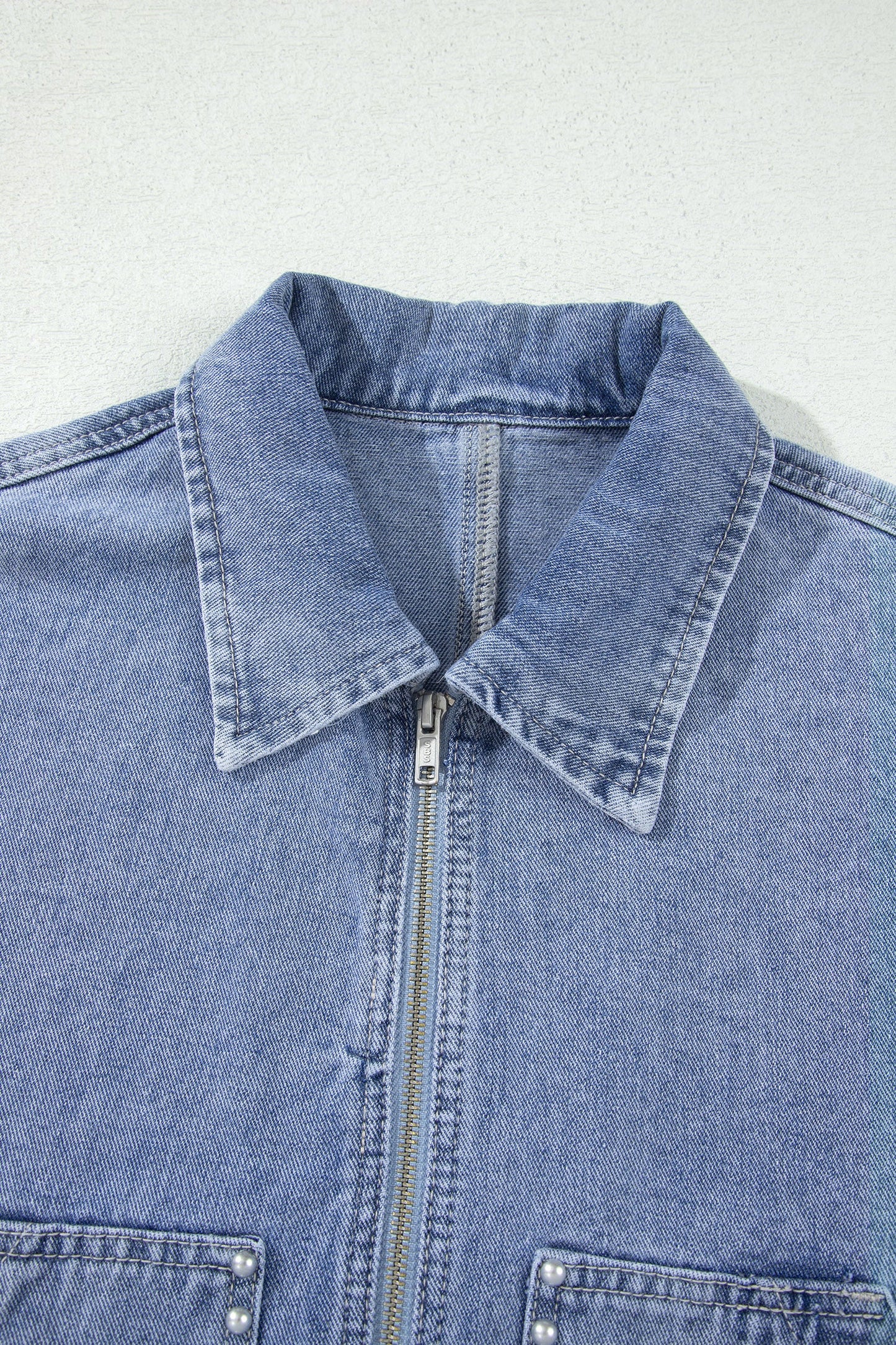 Denim Studded Pockets Zip-Up Long Sleeve Jacket