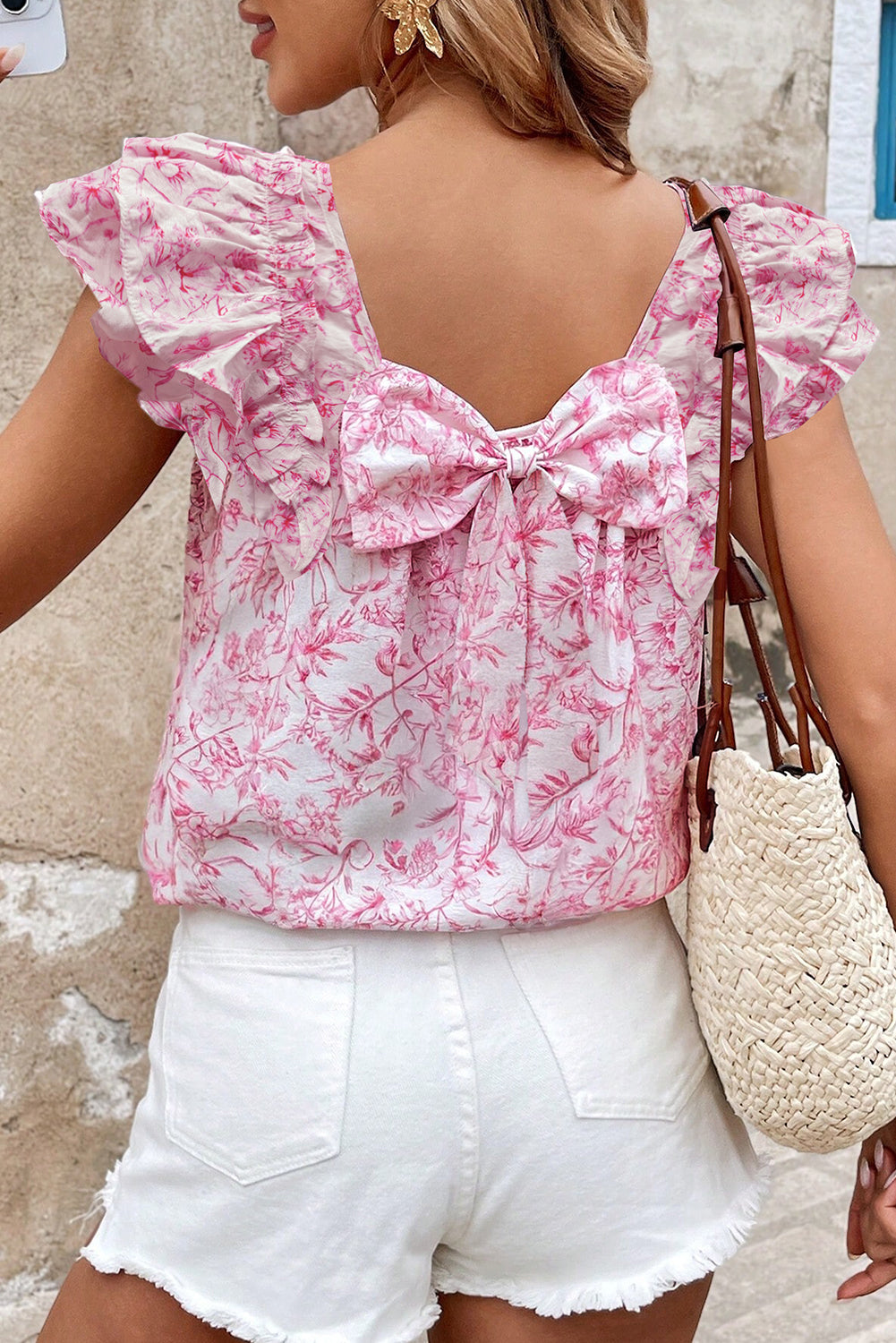Floral Bow Back Ruffle Sleeve Blouse