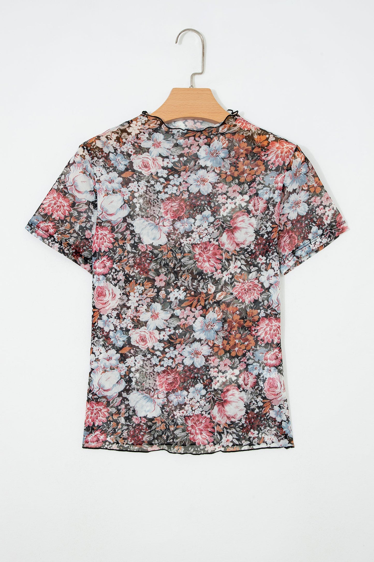 Floral Mesh Mock Neck Short Sleeve Top