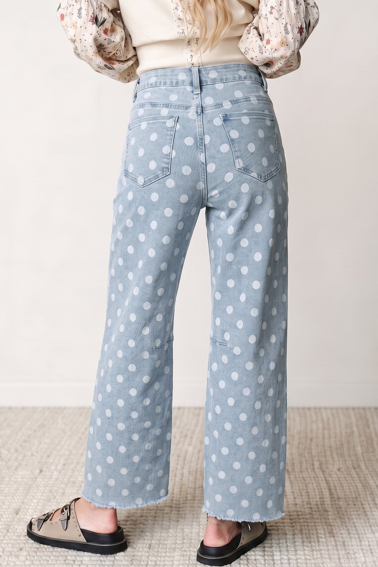 Polka Dot Denim Raw Hem Barrel Jeans