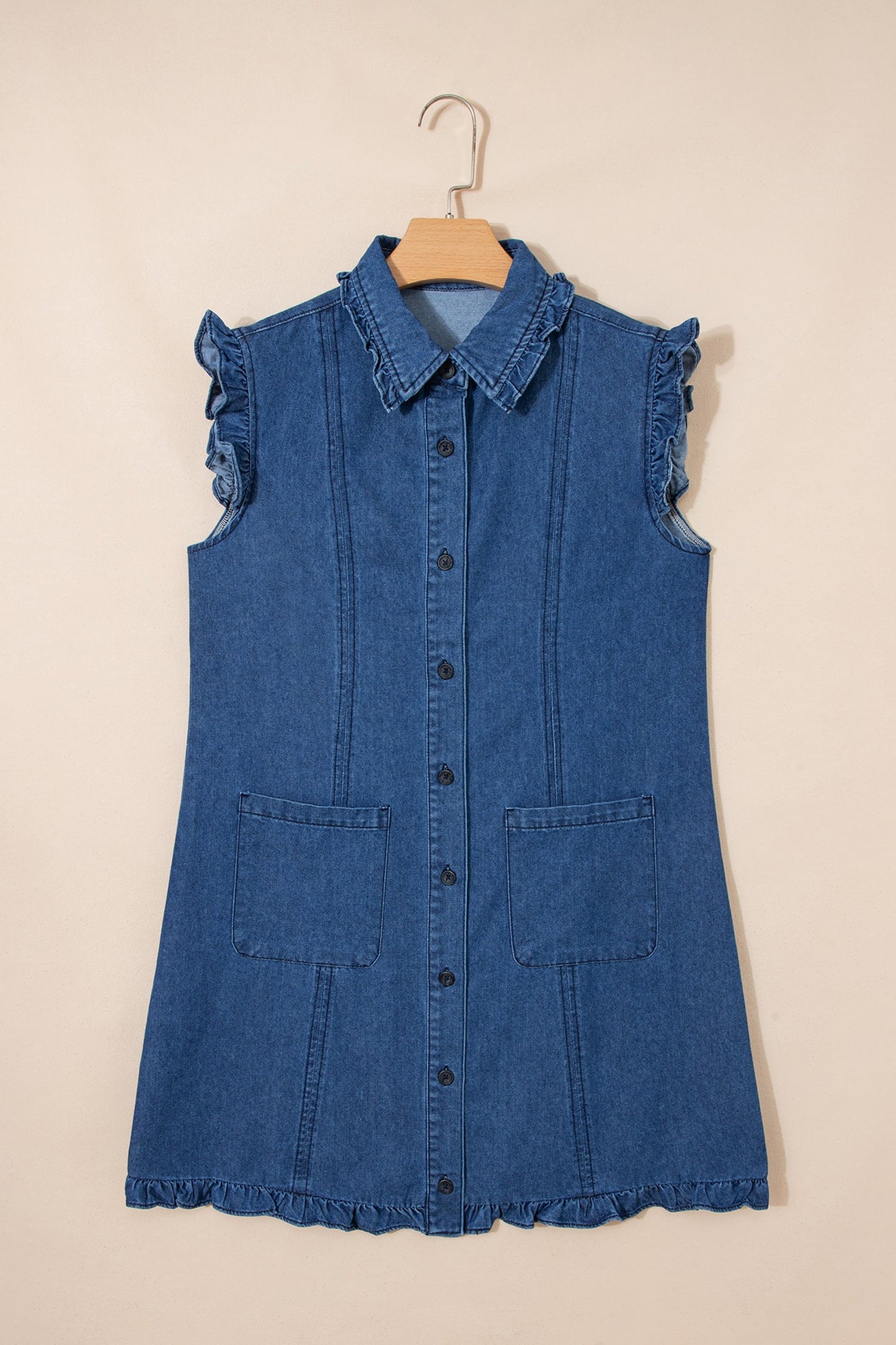 Denim Ruffle Edge Collared Button Up Dress