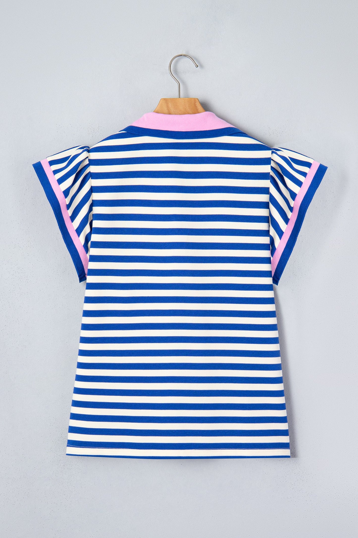 Stripe Contrast Trim Polo Collar Ruffle Sleeve Blouse