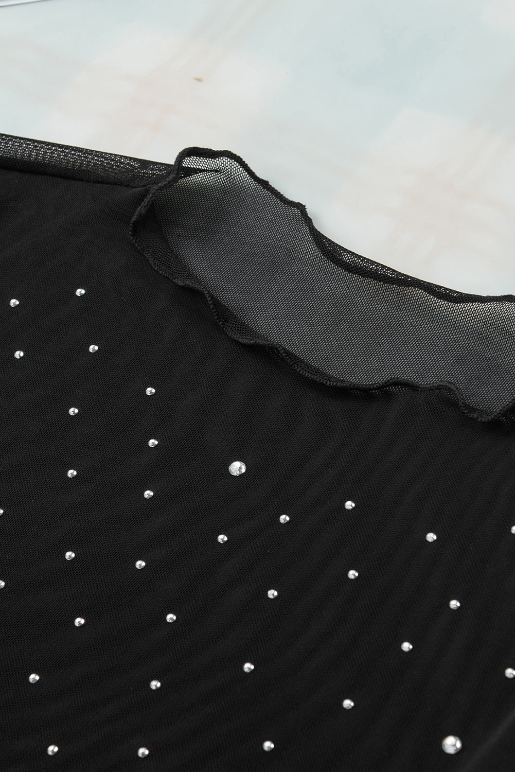 Rhinestone Sheer Mesh Long Sleeve Top