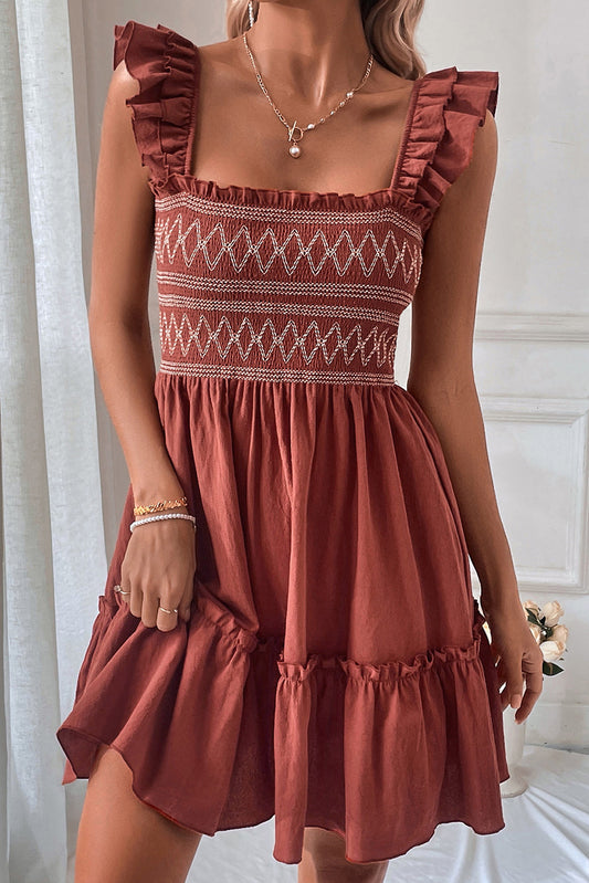 Geometric Embroidered Ruffle Mini Dress