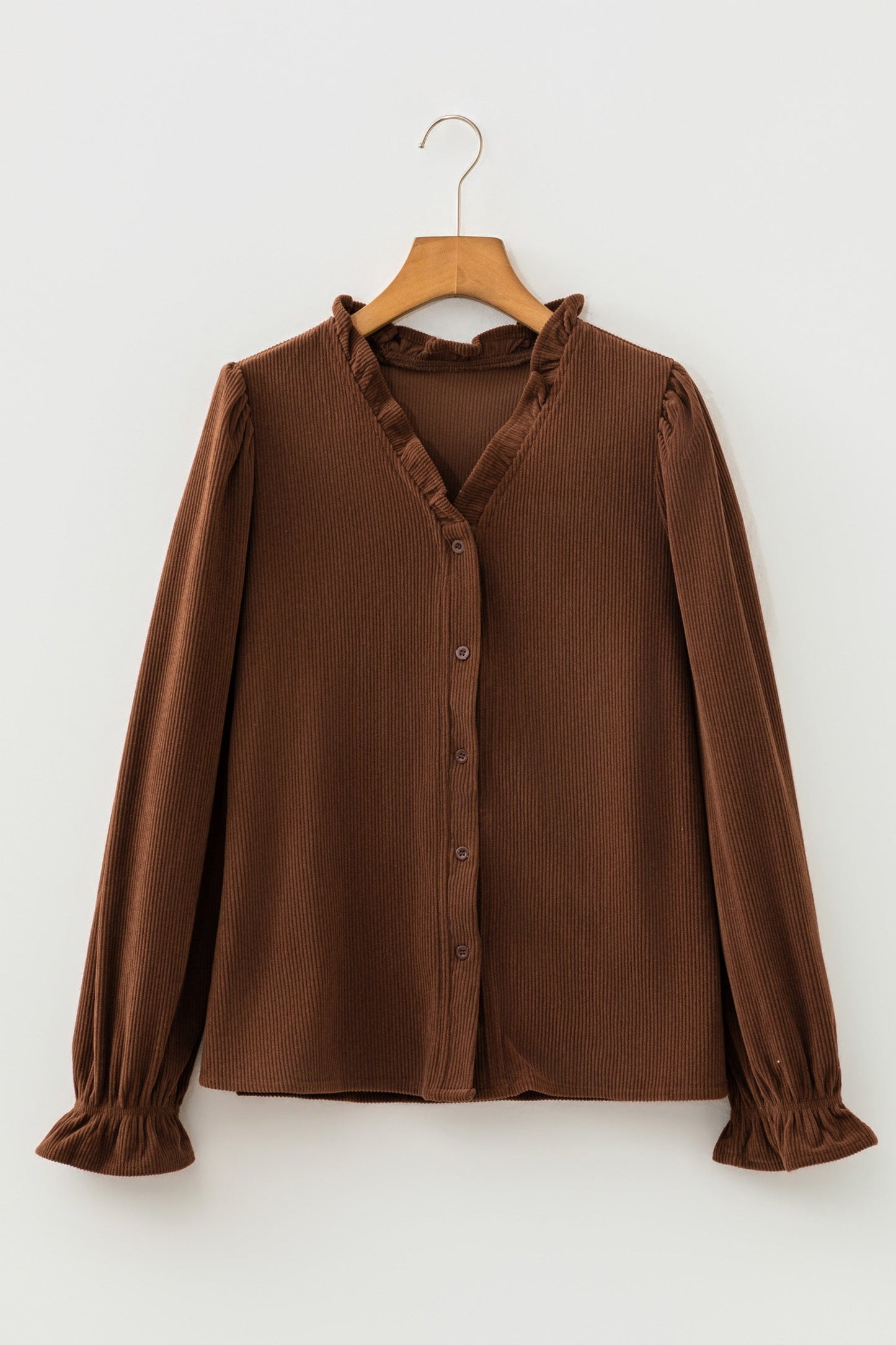 Solid Ruffle Trim V-Neck Long Sleeve Corduroy Shacket