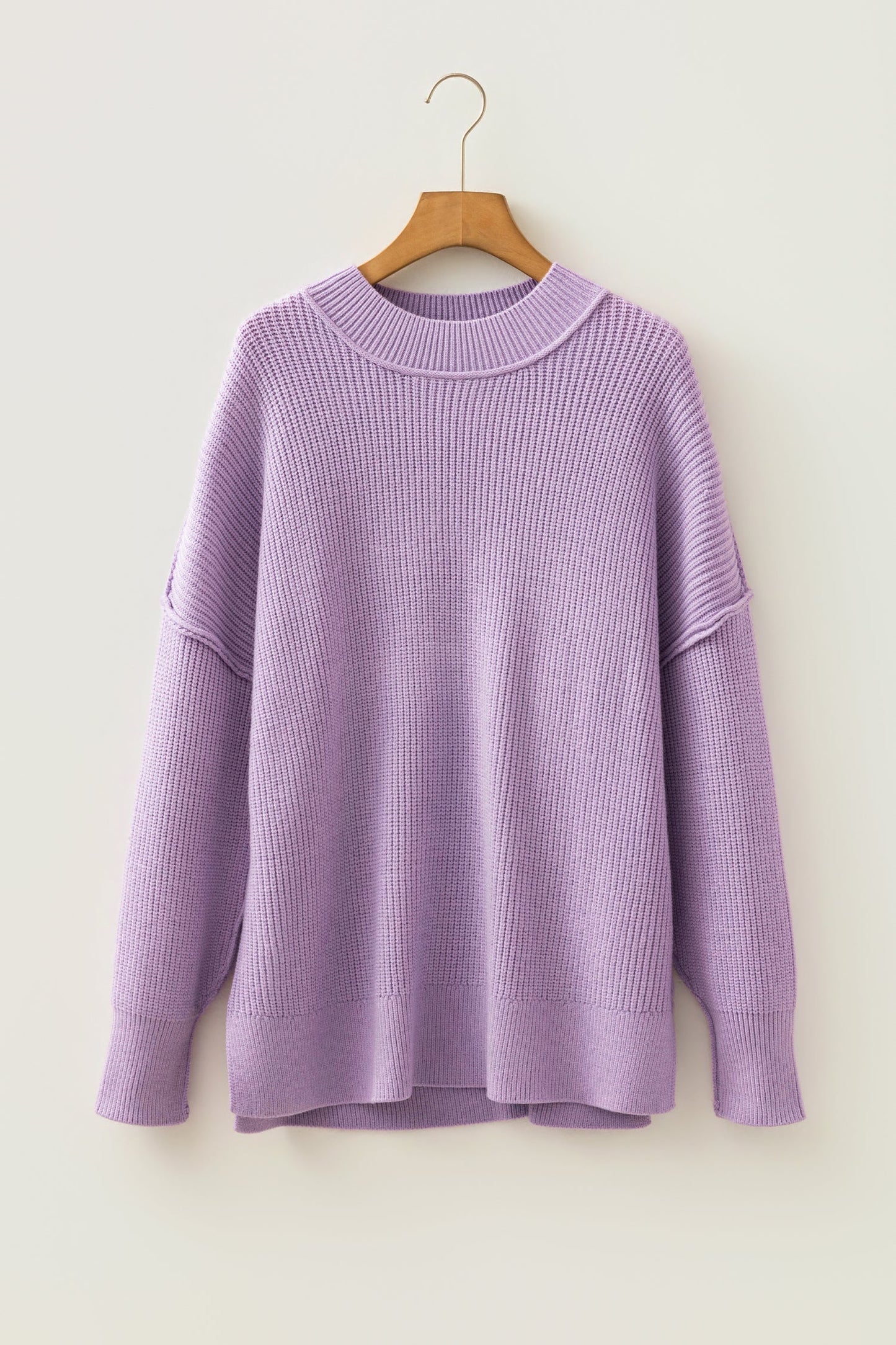 Exposed Hem Drop Shoulder Ribbed Knit Sweater