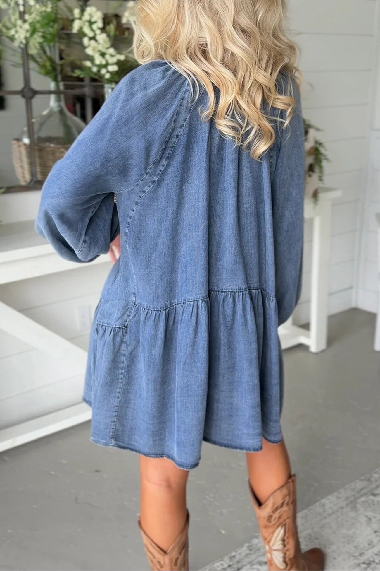 Denim Puff Sleeve Tie V-Neck Ruffle Dress