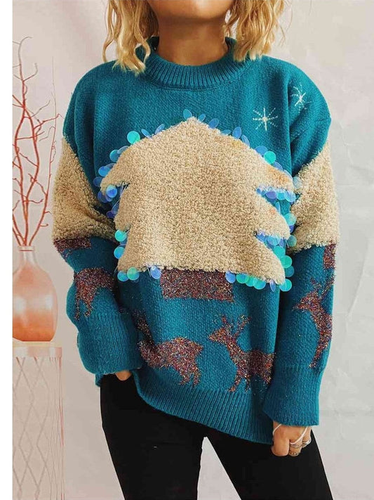 Women Sequin Christmas Tree & Reindeer Round Neck Sweater