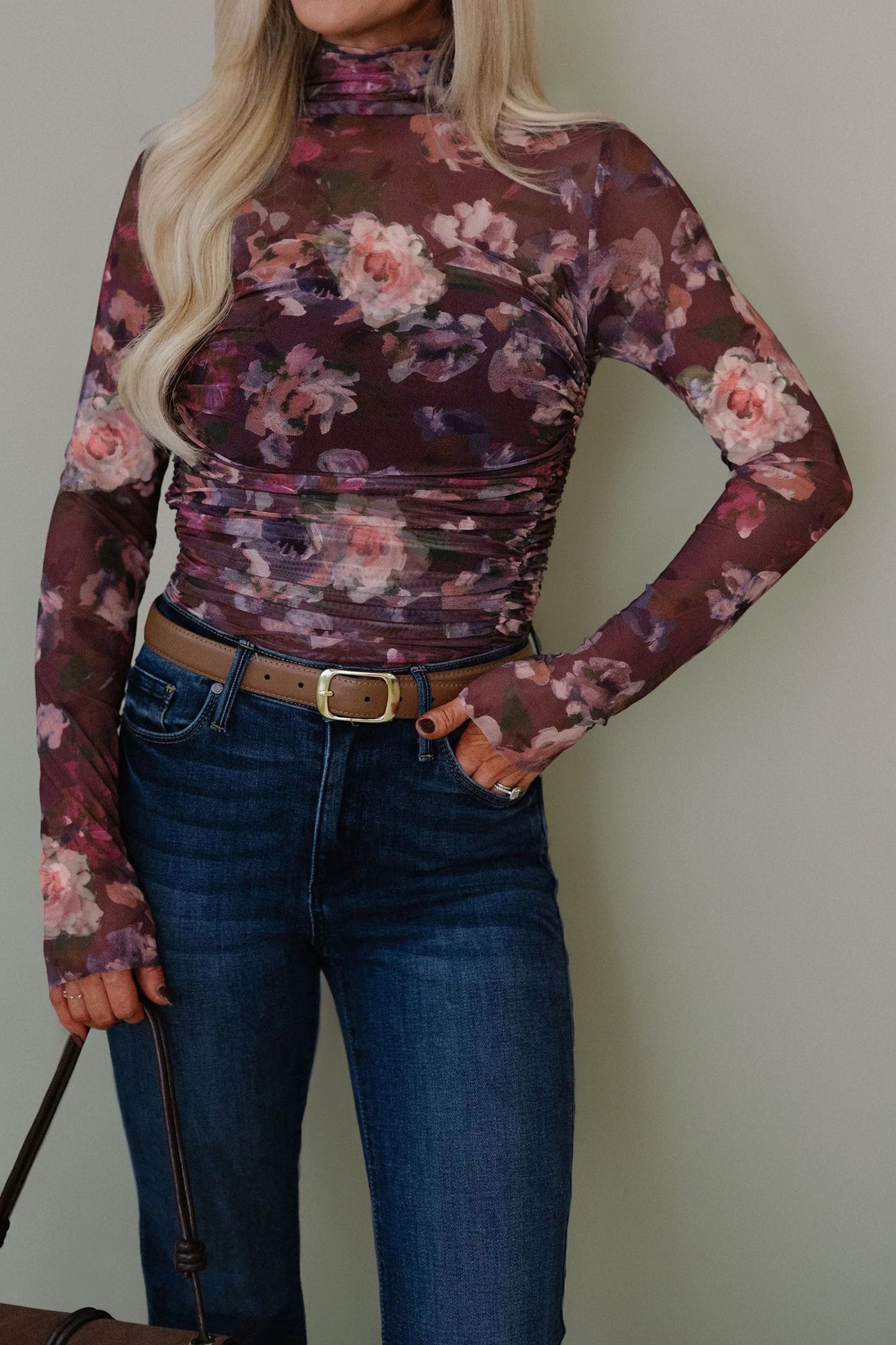 Floral Ruched High Neck Mesh Top