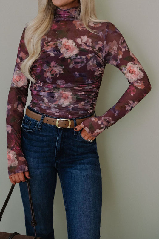 Floral Ruched High Neck Mesh Top