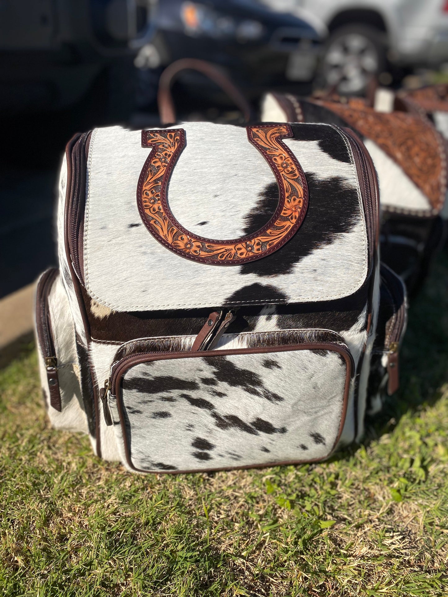 Horse Shoe Tooled & Cowhide Backpack