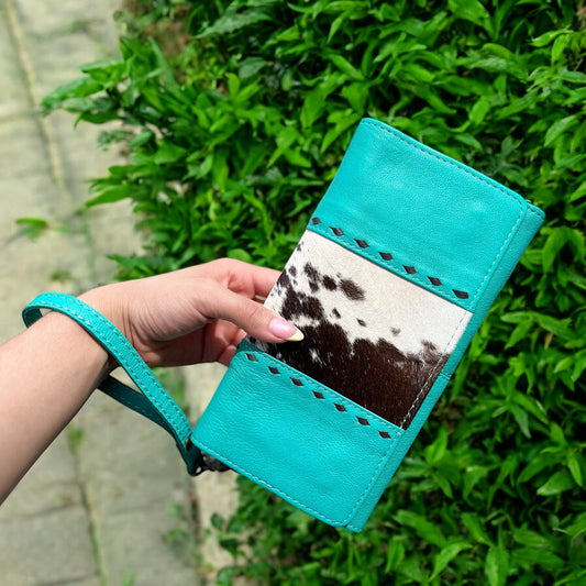 Turquoise cowhide wristlet