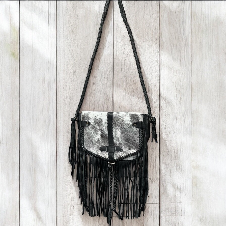 Black cowhide fringe crossbody bag