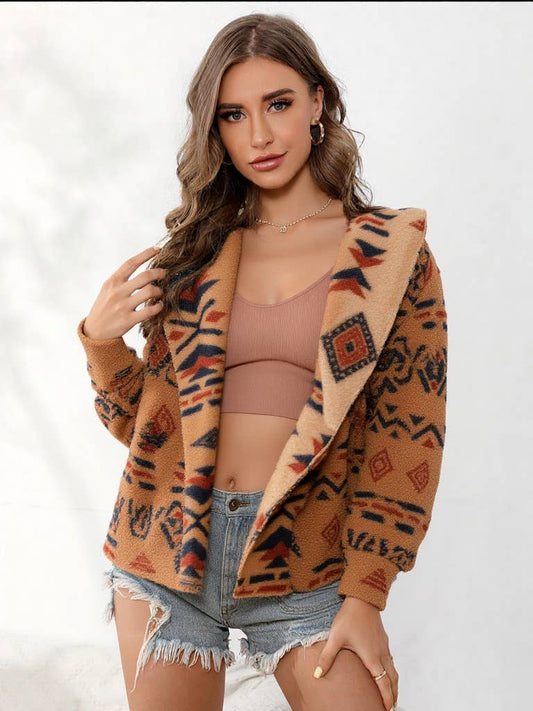 Aztec Tribal Print Oversized Hooded Fleece Jacket – Cozy Western Winter Outerwear