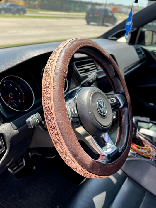 15” floral hand tooled steering wheel cover