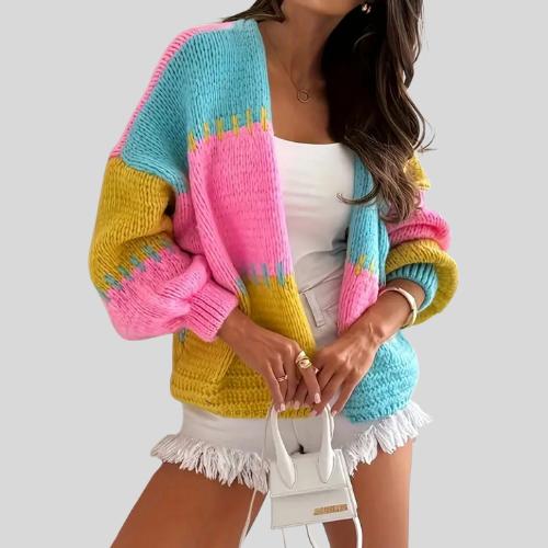 Women Color Block Drop Shoulder Cardigan