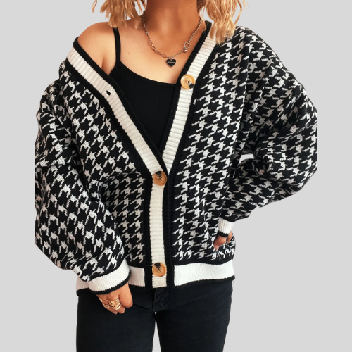 Women Houndstooth Pattern V-Neck Button-Up Cardigan Sweater