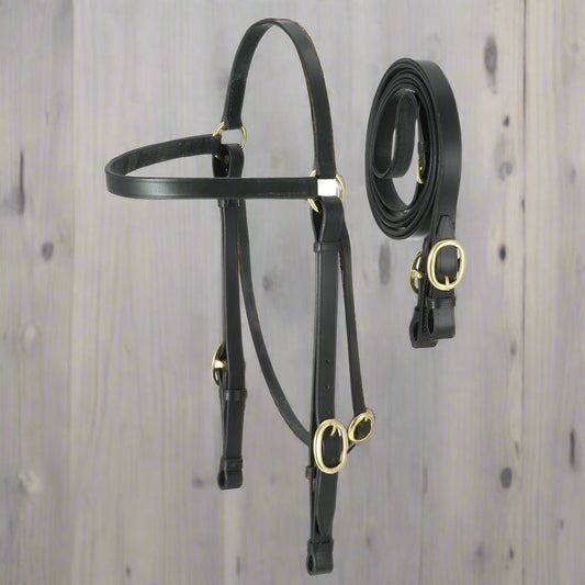 Western Black Leather Quick Change Headstall & Reins Set – Brass Hardware