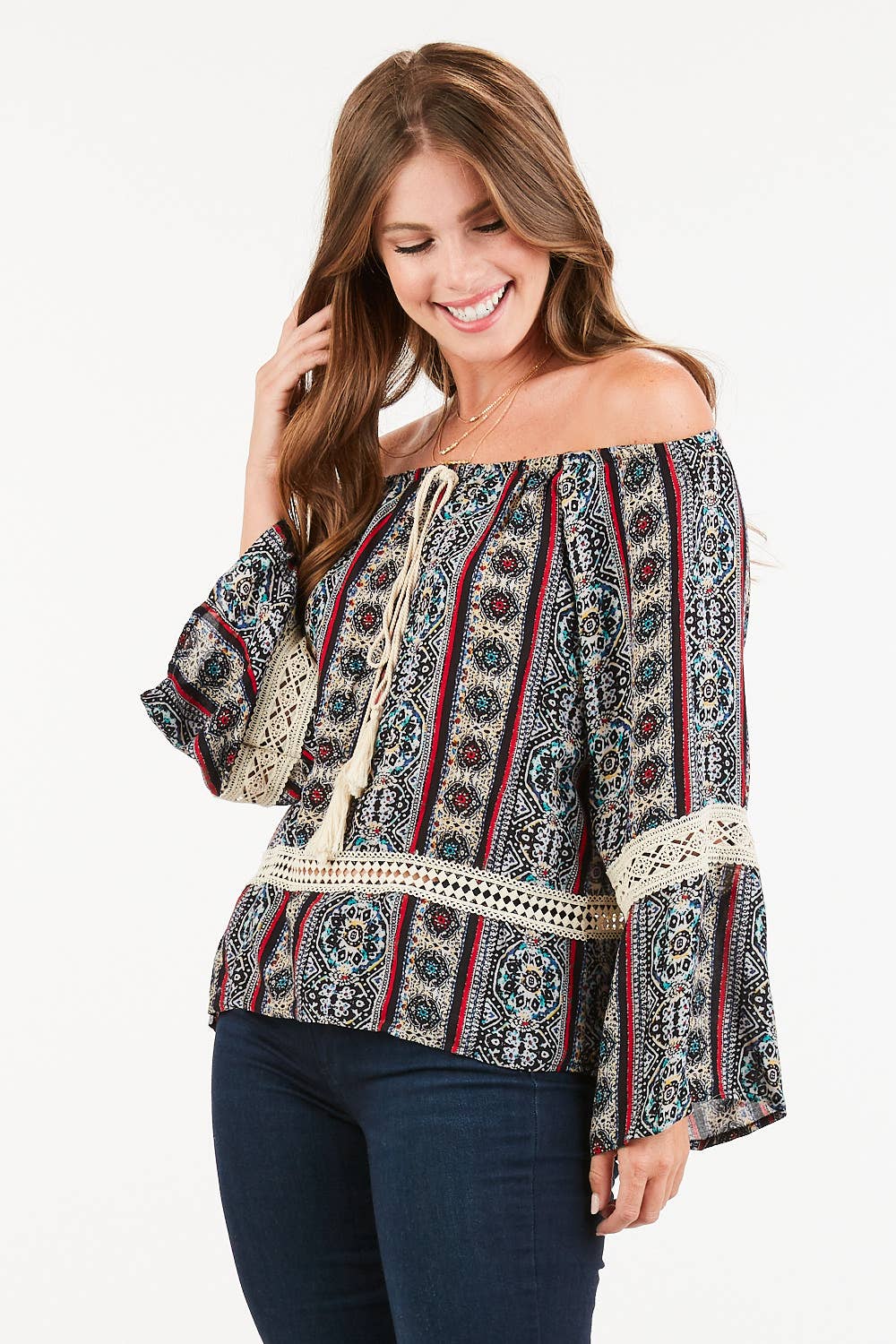 Women's Boho Off-Shoulder Blouse – Paisley Print with Tassels