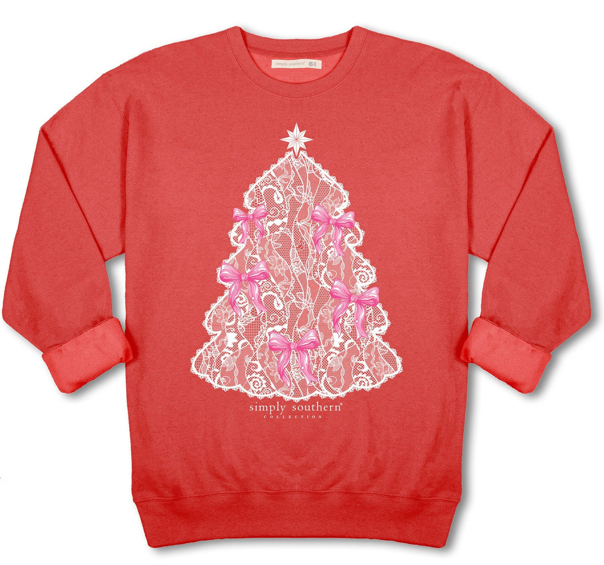 Christmas Tree Lace - Pink Bows - Star - Crew Neck Sweatshirt - F25 - Adult Crew